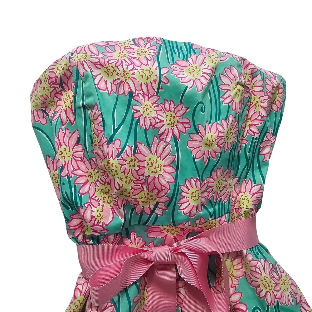 Vintage Lilly Pulitzer Strapless Floral Dress 4 Teal Pink Preppy Coastal Y2K - Picture 2 of 14